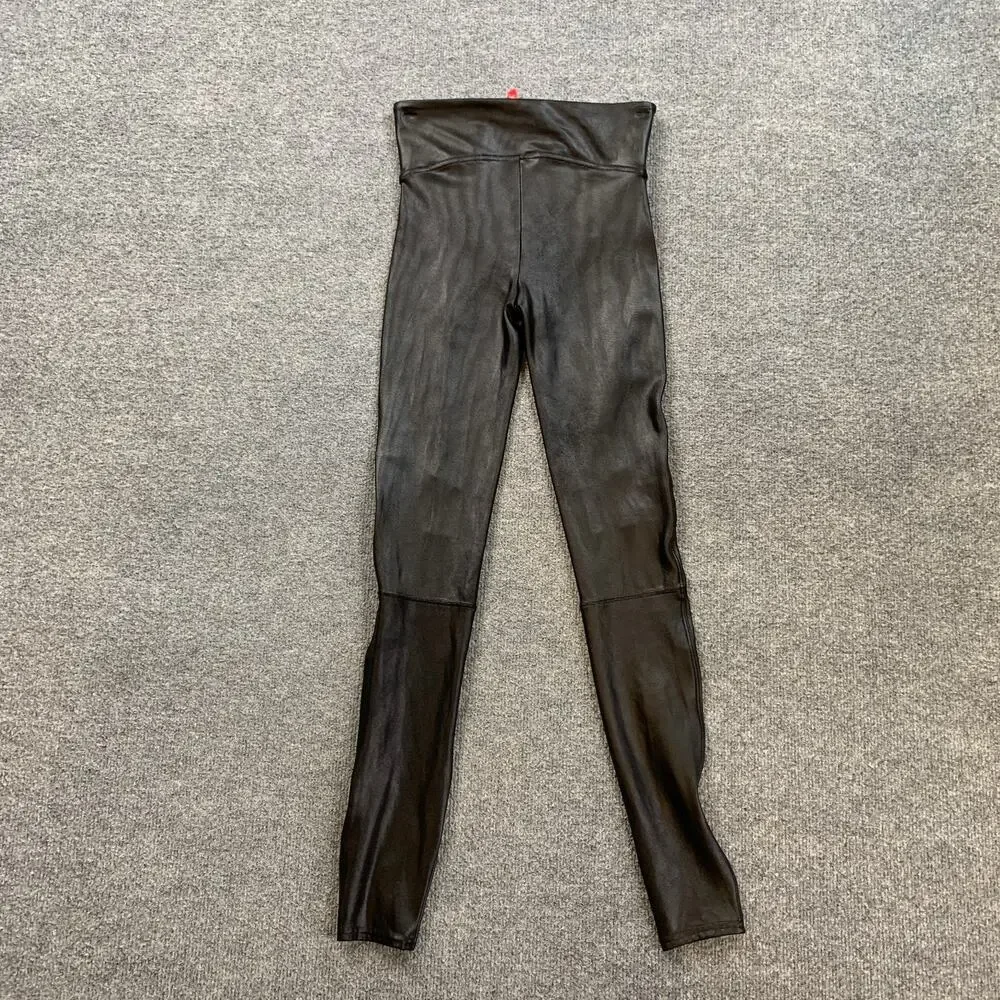 Spanx Leggings Women S Small Black Hip-Zip Faux Leather Coated Paneled Stitching